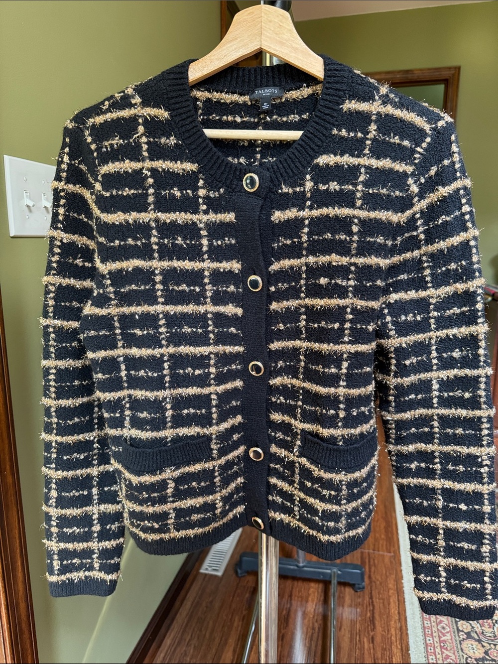 Talbots Black and Gold Tweed-Striped Button Cardigan